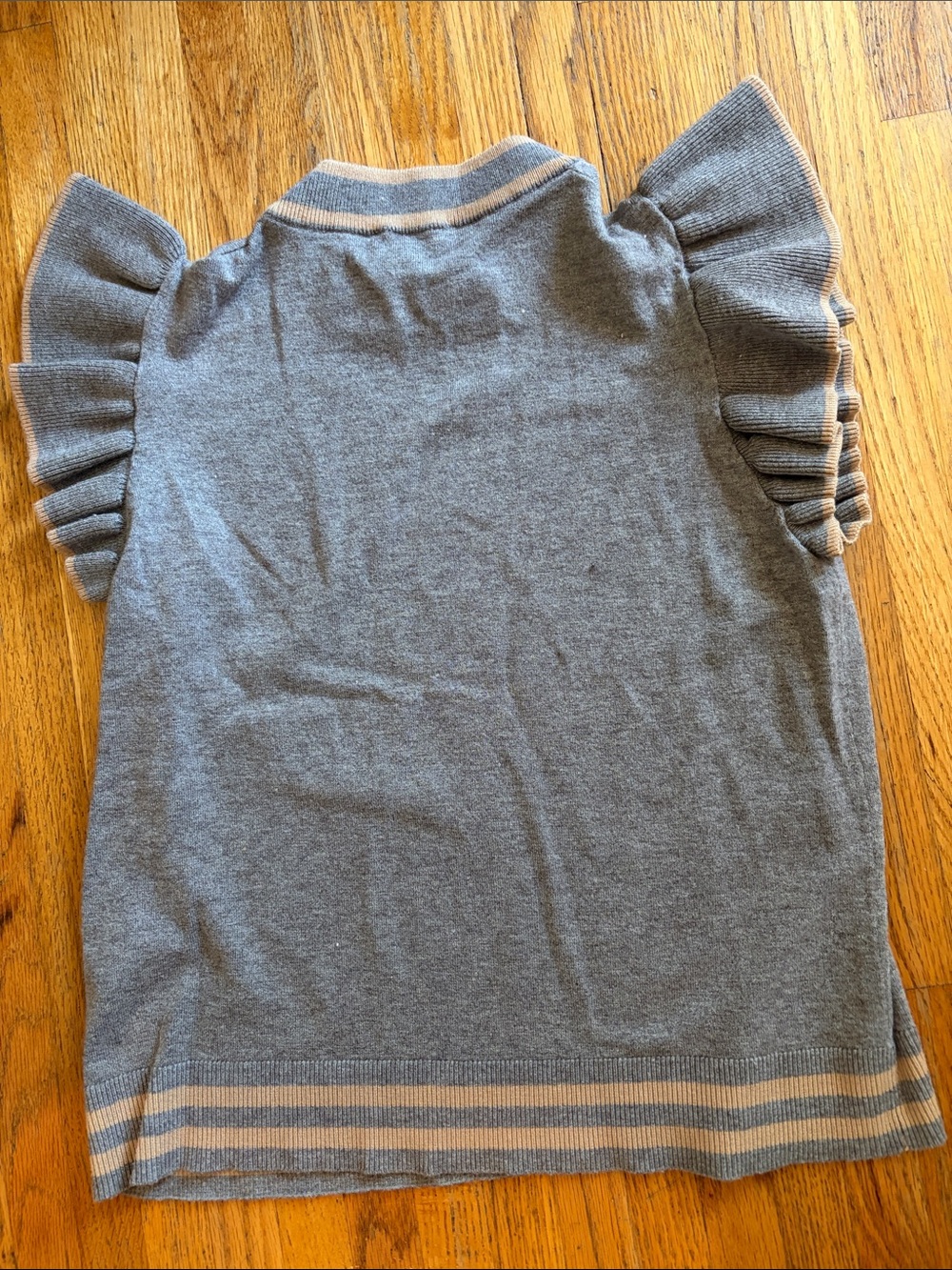 THML Gray Ruffle Sleeve Knit Top with Cream Stripe Accents - Picture 3 of 3